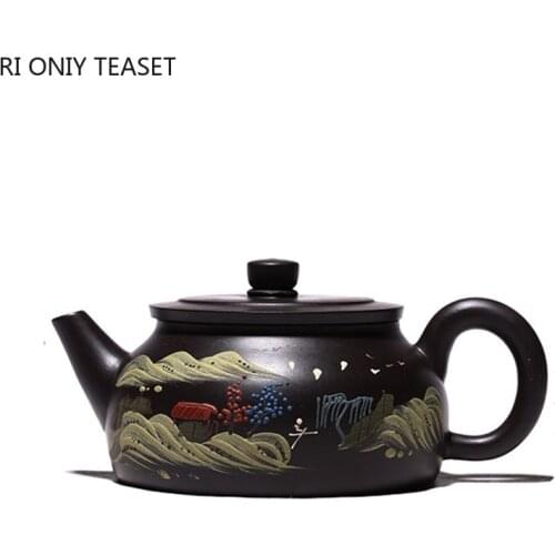 190ml Yixing Purple Clay Teapots Raw Ore Black Mud Filter Tea Pot Hand Drawn Mountain Water Zisha Tea Kettle Teaware Gifts