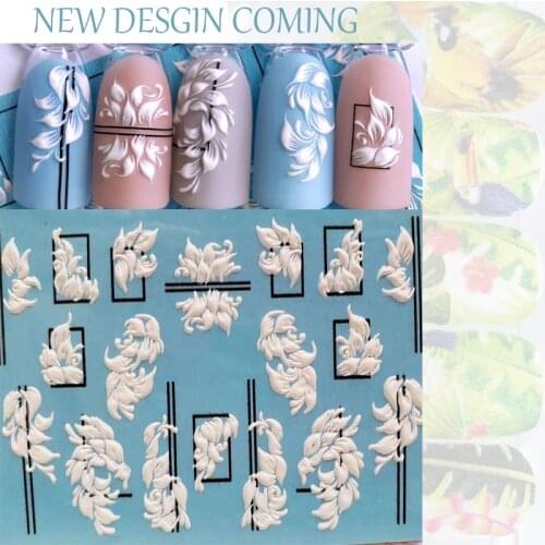 3D new Acrylic Engraved Nail Sticker black line WHITE PINK FLOWER design Water Decals Empaistic Nail Water Slide Decals Z0209
