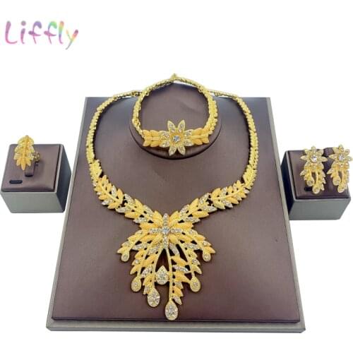 African Bridal Flower Big Necklace Wedding Gift Jewelry Bracelet Earrings Elegant Women Ring Fashion Jewelry Sets