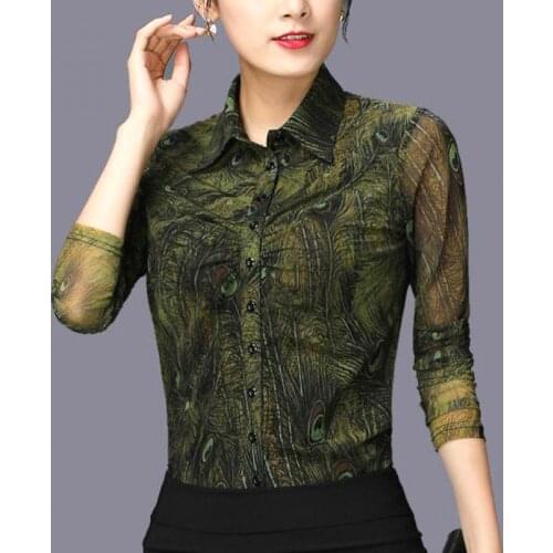 Spring Fall Casual Women Printed Full Sleeve Slim Cardigan Mesh Blouse , Stretch Painted Autumn 3XL 4XL Blouses Shirts For Woman