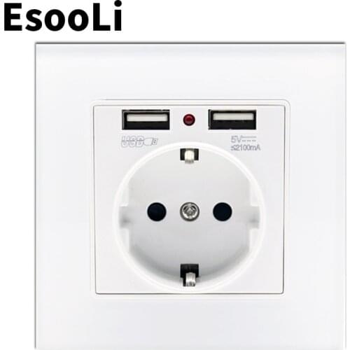 EsooLi White USB Wall Socket EU Power Outlet White Crystal Glass Panel Dual USB Charging Port 2.1A 16A Russia Spain
