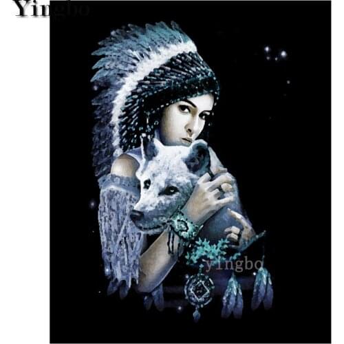 Indian girl and wolf diamond painting full square round diamond embroidery cross stitch 5 d Diamond Mosaic crystal painting gift