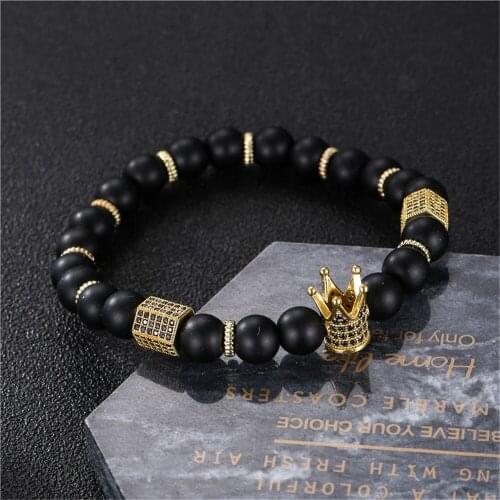 Royal Crown Charm Bracelet Men Pave CZ Gold Braided Matte Beads Stone Bracelet Men Women Handmade Jewelry Bileklik Mujer Gift