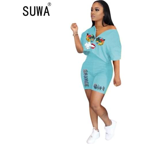 2020 hot sale simple solid-color V-neck print top and hot shorts 2 pieces set casual lady fashion women tracksuits