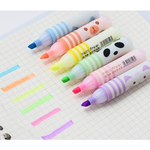 6pcs/set Cute Animals Panda Cat Mini Highlighter Pen Drawing Paint Marker Stationery School Office Supplies