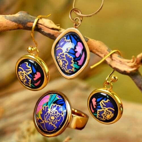 2020 new Peony Series Enamel Earrings Fashion Cloisonne Jewelry Fishhook Earrings rfor Woman Ring Pendant bracelet