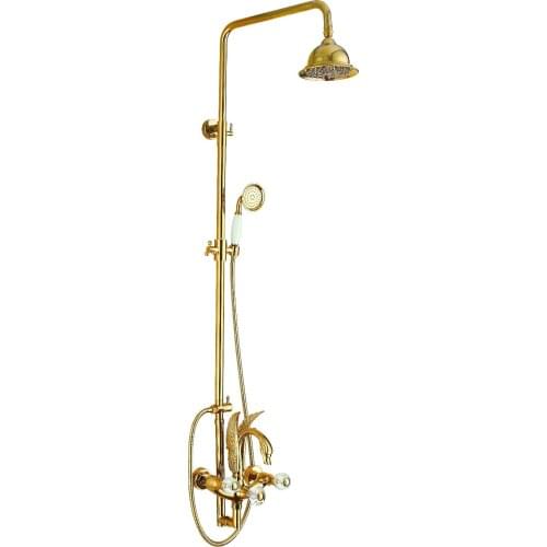 Free standing Ti-Gold wall mounted Crystal swan Bath Tub Rainfall shower Filler Faucet with Handshower