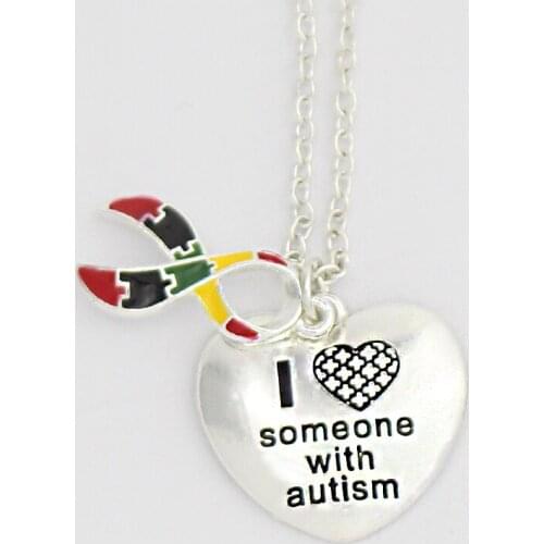 Hand Stamp I Love Someone with Autism Necklace Ribbon Charm Pendants Neckalces Autism Awareness Jewelry