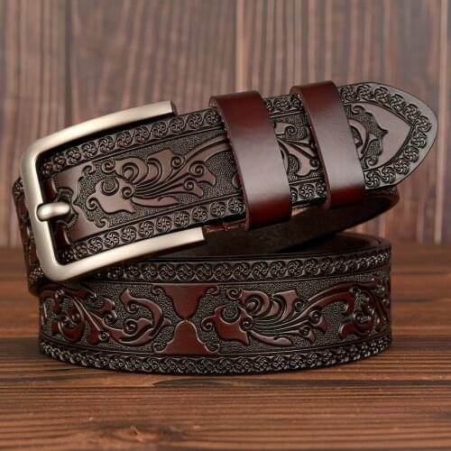 New Cow Leather Belts Men Vintage Pin Buckle Male Waistband Genuine Leather Men Belt Flower Pressed Strap Waist Belt for Jeans