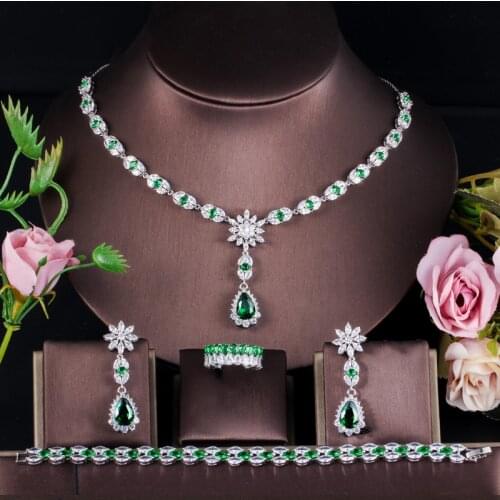 ThreeGraces 4 pcs High Quality CZ Wedding Water Drop Big Necklace Earrings Ring Luxury Green Crystal Bridal Jewelry Sets TZ523