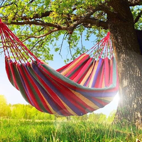 Outdoor Hammock Garden Sports Home Travel Camping Swing Canvas Stripe Hang Bed Hammock Double Single People with Backpack