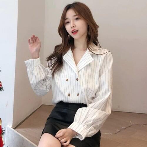 Bella philosophy 2020 spring Korean Double-breasted Blouse Women White Shirt Print Striped Ladies Vintage Blusas Mujer De Moda
