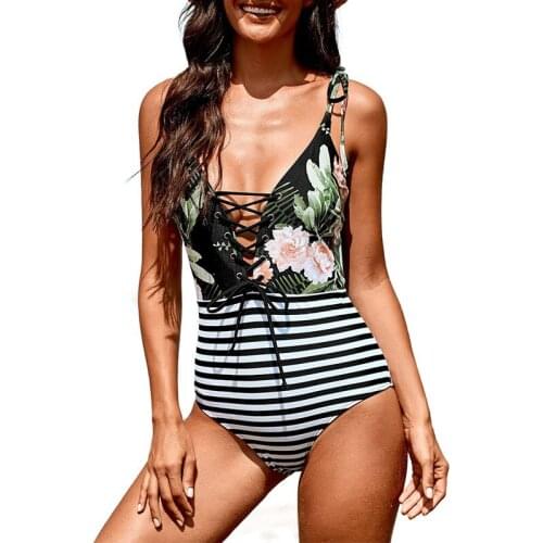 Floral/Striped Print Sexy Monokini Swimwear Women One Piece Swimsuit 2021 Stylish Deep V Beachwear Black/Yellow/Green Bathers
