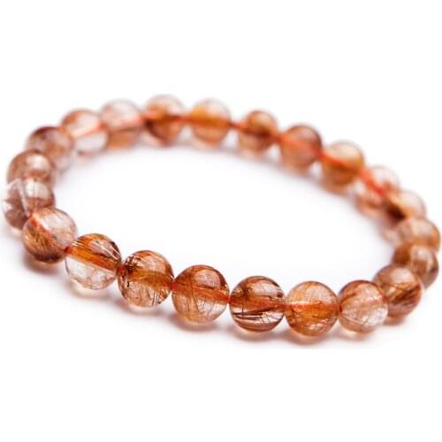 Genuine Natural Copper Hair Rutilated Quartz Crystal Women Stretch Charm Round Stone Bead Bracelet 8mm