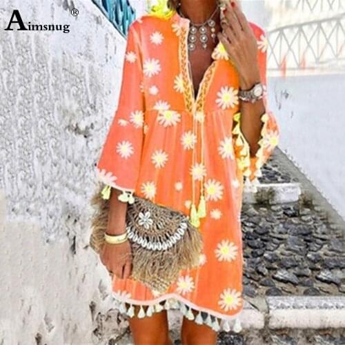 2020 Summer Women Sexy V-neck Short Dress Bohemian Tassel Daisy Print Butterfly Sleeve Dresses Plus size 5xl Female Loose Dress