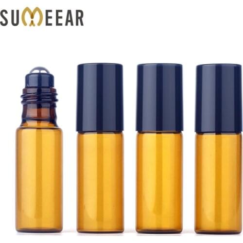 100 Pieces/Lot 5ml Mini Roll On Essential Oil Bottles Refillable Roller ball Bottle Brown Glass Bottle Empty Parfum Bottles