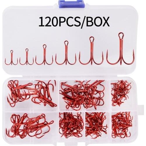 120/50pcs/lot Treble Fishing Hook In box High Carbon Steel Barbed Hooks Fishing Tackle Black/Silver/Red/Tea Fish Hook