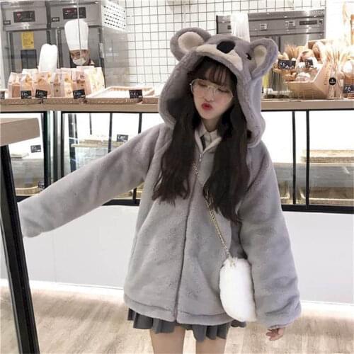 2021 Plush Jacket Female New Style Japanese Soft Girl Winter Cute Koala Ear Hooded Jacket Student Thickened Furry Jacket Girl