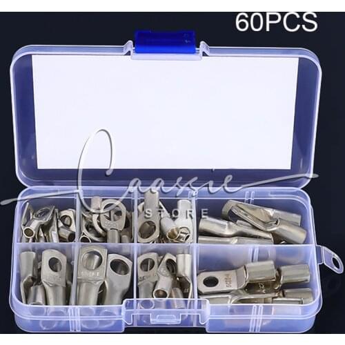 60Pcs SC Bare Terminals lug Tinned Copper Tube Lug Ring Seal Battery Wire Connectors Bare Cable Crimped/Soldered Terminal Kit