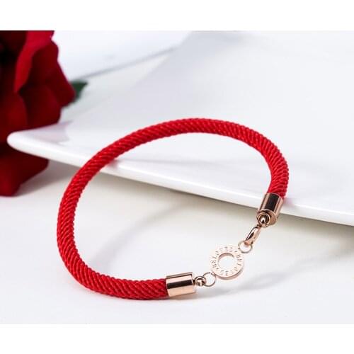 BOBOTUU Chinese Style Vintage Charm Bracelet Jewelry Rose Gold Titanium Steel Red Rope Beloved Bracelets For Women BB18149