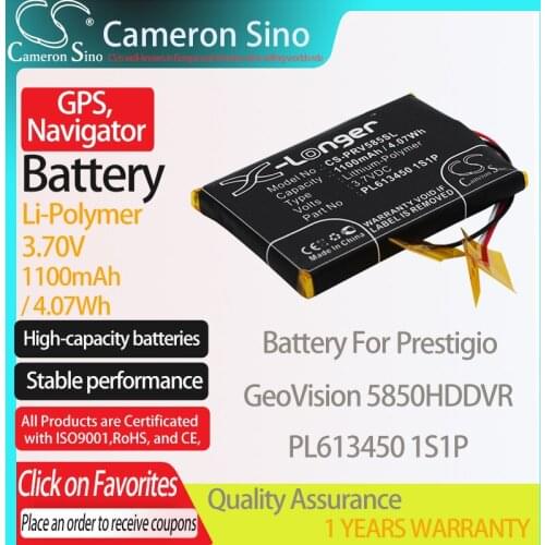 CameronSino Battery for Prestigio GeoVision 5850HDDVR fits Prestigio PL613450 1S1P GPS,Navigator battery 1100mAh 3.70V Black