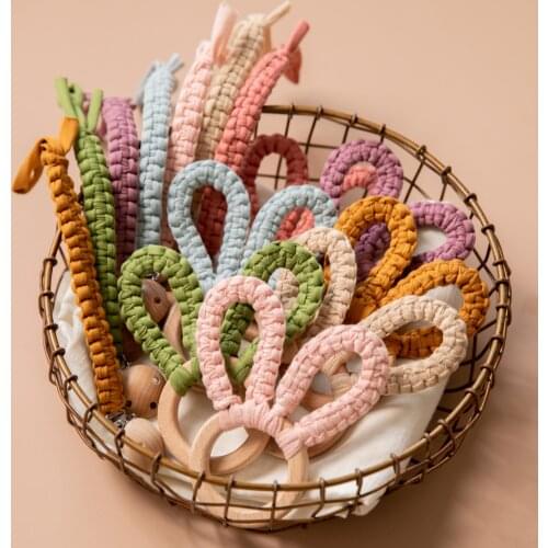 Baby Pacifier Chain Teether Set Wooden Braided Rabbit Ears Hand Bells Teething Nursing Toys Infant Toys 0-12 Months for Newborn