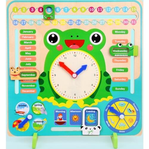 Wooden Cartoon Frog Calendar Clock Set Children Weather Time Cognitive Matching Toys Kids Early Learning Education Toys