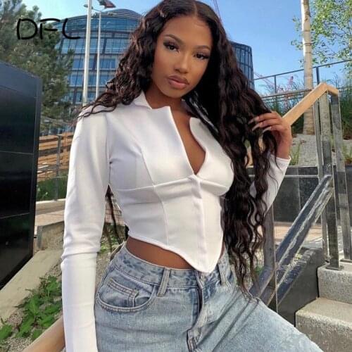 DFLlifes Women Tops Turndown Collar Tshirt Long Sleeve Sexy Clubwear Deep V Neck TShirts White Solid Hot Tees Winter Autumn 2020