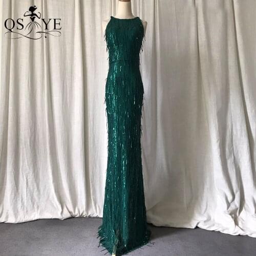 Emerald Feather Evening Dress Sequin Mermaid Sexy Long Party Dress Halter Neck Stretch Green Formal Dress Back Crisscross Straps