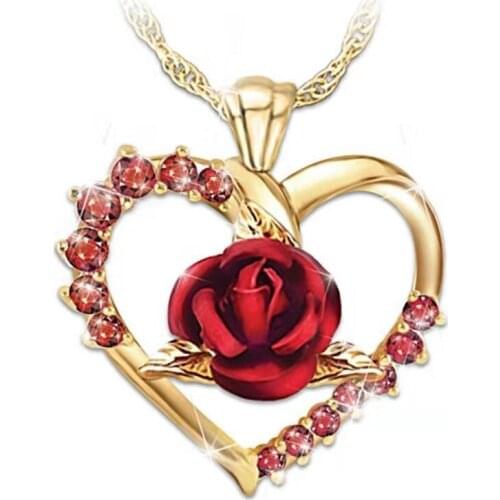 Creative Hollow Out Love Heart Rose Flower Necklace Fashion Crystal Zircon Pendant Necklace Elegant Women Jewelry Gifts