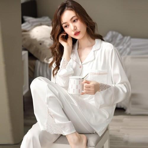 Summer Satin Silk Pajama Women Pyjama Femme Long Sleeve Lace Patchwork Sleepwear 2021 Imitation Silk Pijama Elegant Homewear