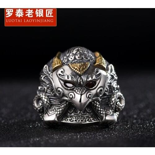 Thai old silversmith retro 925 silver ring men open tide man adjustable golden wing bird wrench thumb
