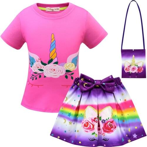 Unicorn Birthday Outfits kids Birthday Baby Girl Clothes Princess Short sleeve+skirt christmas Baby Girls Unicorn Sets 3-10Y