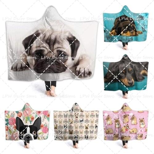 Lazy Pug Dog Hooded Blanket Oversized Super Soft Flannel for Bed Sofa Lightweight Blanket Throw Size for Kids Adults All Season