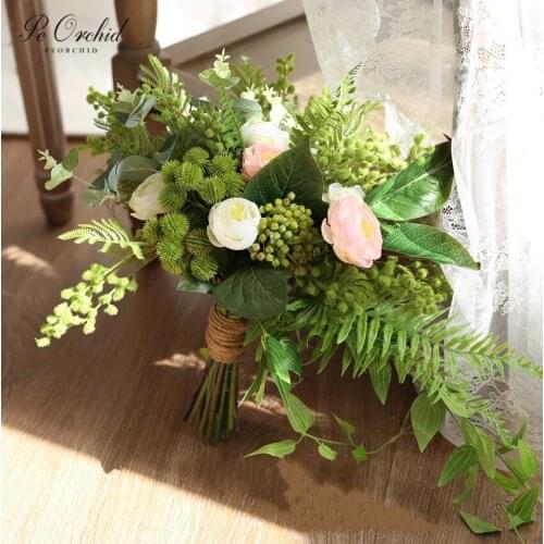 PEORCHID Artificial Green Wedding Silk flowers Bridal Bouquets Pink Rose Bridesmaids Bouquet Marriage Decorations