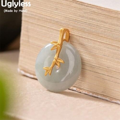 Uglyless Vivid Handmade Bamboo Gold Necklaces Women Natural Emerald Pendants NO Chain Peace Button Gemstones Jewelry 925 Silver
