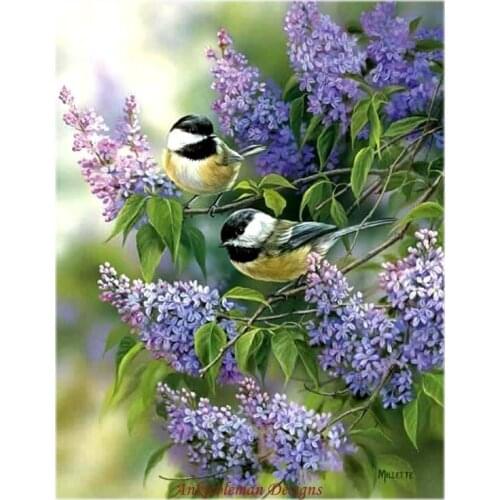 Needlework for embroidery DIY Craft DMC High Quality - Counted Cross Stitch Kits 14 ct Oil Painting - Chickadees And Lilacs