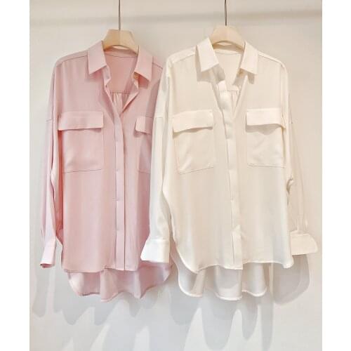 New Ladies Fashion 2021 Long Sleeve Sexy Casual Solid Color Double Pocket Three Vinegar Shirt 0313