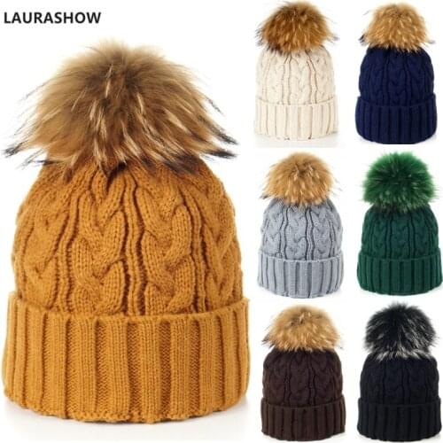 Laurashow Adult Size Knit Hat Warm Winter Real Fur Ball Pompoms Skullies Hat Lady Beanies Cap