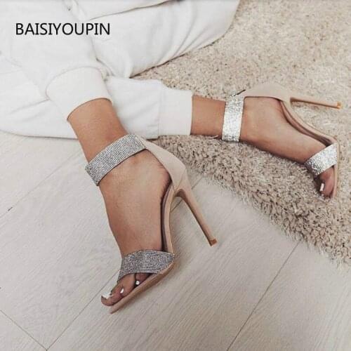 Plus Size Blingbling Women Sandals Summer Pumps Shoes Good-quality 11.5CM High Heels Flock Party Solid Club Female Sandals 35-43