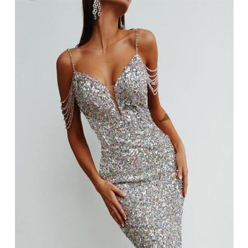 Ladies Women Summer Sexy V Neck Mesh Ruched Pearl Sequins Lady Dress 2021 Designer Fashion Evening Party Dress Vestido