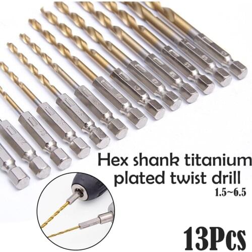 13pcs/lot 1.5-6.5mm HSS High Speed Steel Titanium Coated Drill Bit Set 1/4 Hex Shank Mini Extractor Drill Bits For Metal Wood