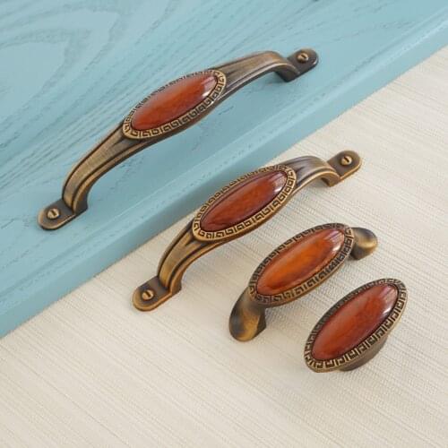 2.5" 3.75" 5" Antique Brass Door Pull Handles Red Ceramic Drawer Knobs Furniture Metal Handle Wardrobe Cupboard Handle Hardware