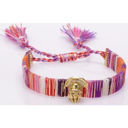 5 pcs/lot ethnic bohemia white cz paved gold tribal chief charm soft cotton silk tassel tail wristband adjustable bracelet woman