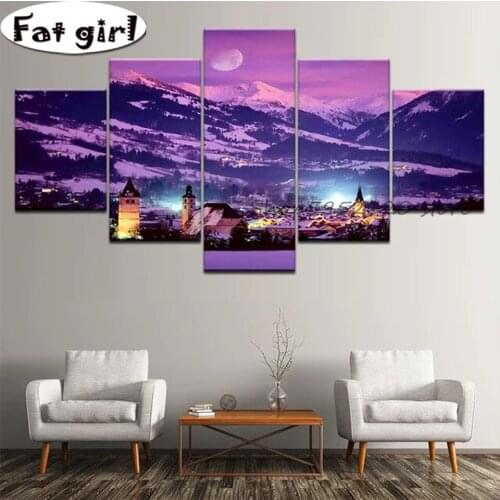 Diy 5D Wall Art Poster Diamond Painting Ski Resort 5 Panel City Landscape Embroidery Cross Stitch Mosaic Square Round Drill