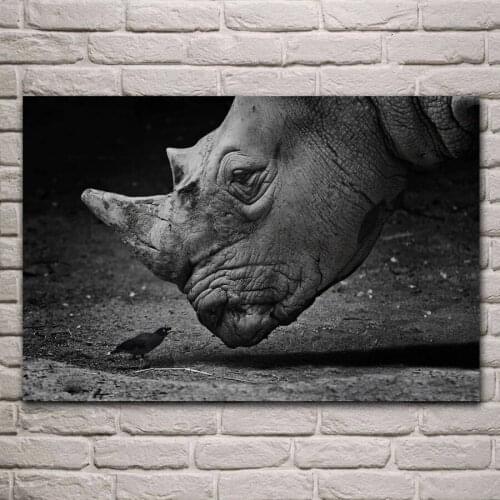 White black bird rhinoceros animal artwork living room decor home wall art decor wood frame fabric posters MD748
