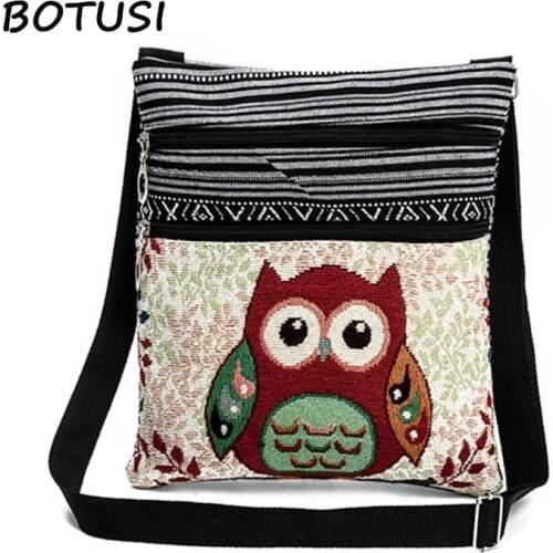 BOTUSI Nations Wind Canvas Bohemian Style Striped Single Shoulder Women Zipper Handbag Lady Bags Embroidery Messenger Bag