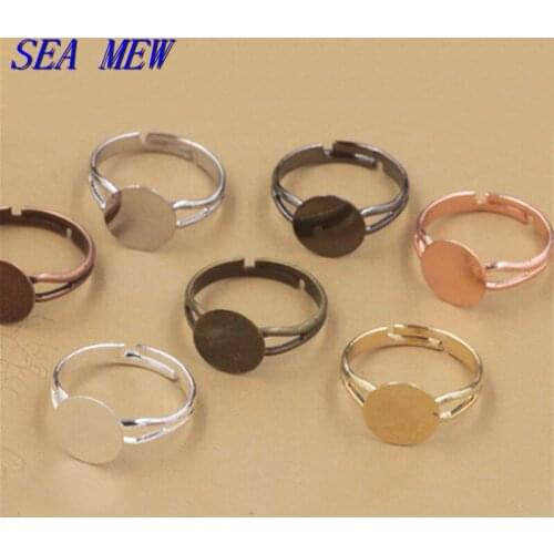 SEA MEW 40 PCS 6mm 8mm 10mm 12mm Flat Base 8 Colors Plated Ring Blank Setting Adjustable Rings Base For Women Jewelry Making