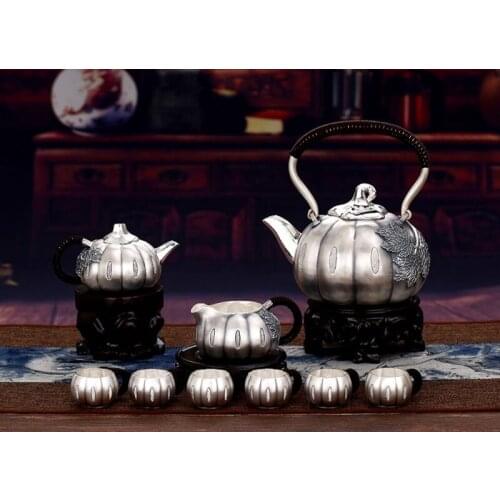 Silver pot 999 sterling silver handmade tea set Japanese retro teapot kettle home tea ceremony Kungfu tea set 800ml