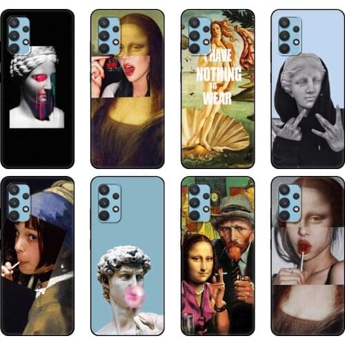 Black tpu Case For Samsung galaxy A12 A22 A32 A42 A52 A72 4g 5g S21 PLUS ultra back cover Mona Lisa Art David lines